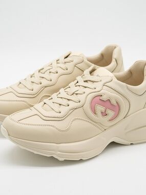 size 40.5G 10.5 US Gucci Rhyton Ivory GG cut Out Pink Leather Sneakers